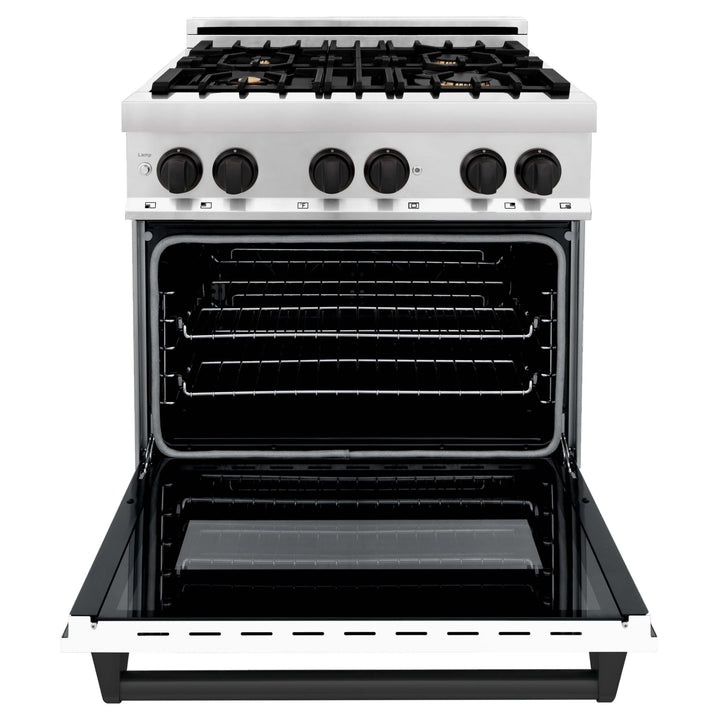 ZLINE Autograph Edition 30 in. Kitchen Package with Stainless Steel Dual Fuel Range with White Matte Door and Range Hood with Matte Black Accents (2AKP-RAWMRH30-MB)