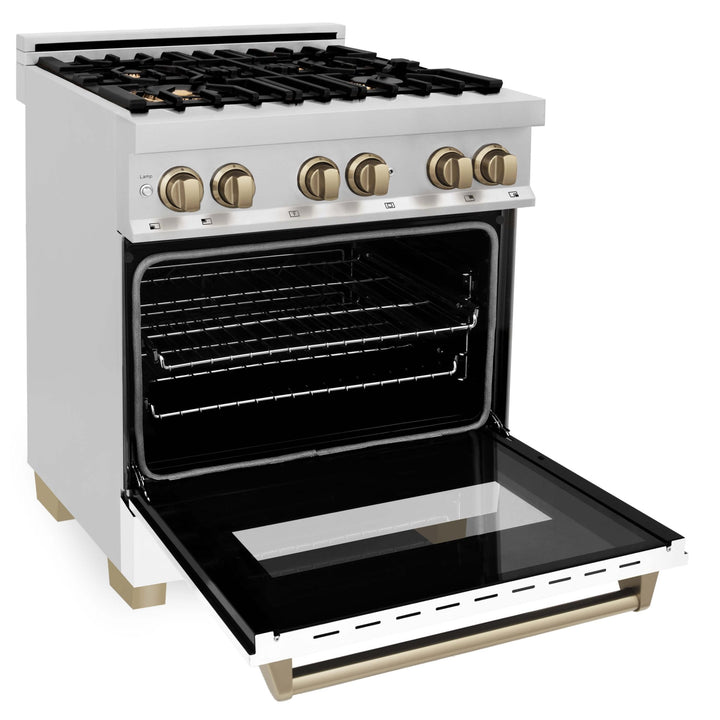 ZLINE Autograph Edition 30 in. Kitchen Package with Stainless Steel Dual Fuel Range with White Matte Door, Range Hood and Dishwasher with Champagne Bronze Accents (3AKP-RAWMRHDWM30-CB)