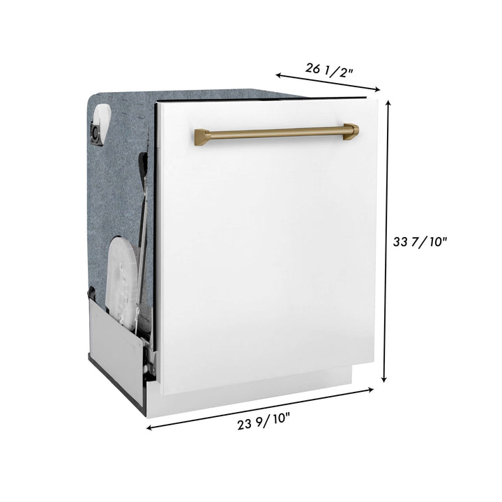 ZLINE Autograph Edition 30 in. Kitchen Package with Stainless Steel Dual Fuel Range with White Matte Door, Range Hood and Dishwasher with Champagne Bronze Accents (3AKP-RAWMRHDWM30-CB)