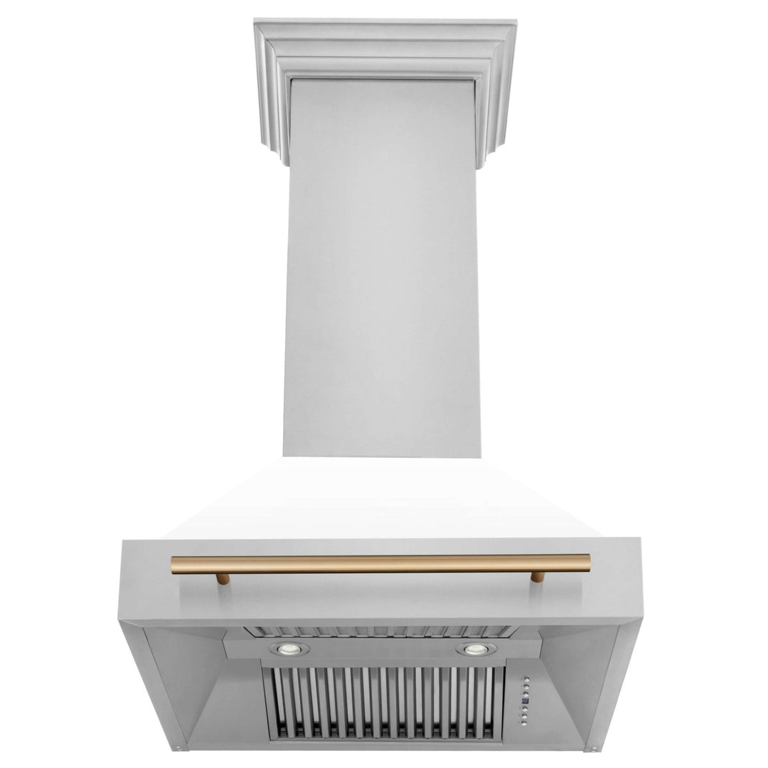 ZLINE Autograph Edition 30 in. Kitchen Package with Stainless Steel Dual Fuel Range with White Matte Door, Range Hood and Dishwasher with Champagne Bronze Accents (3AKP-RAWMRHDWM30-CB)