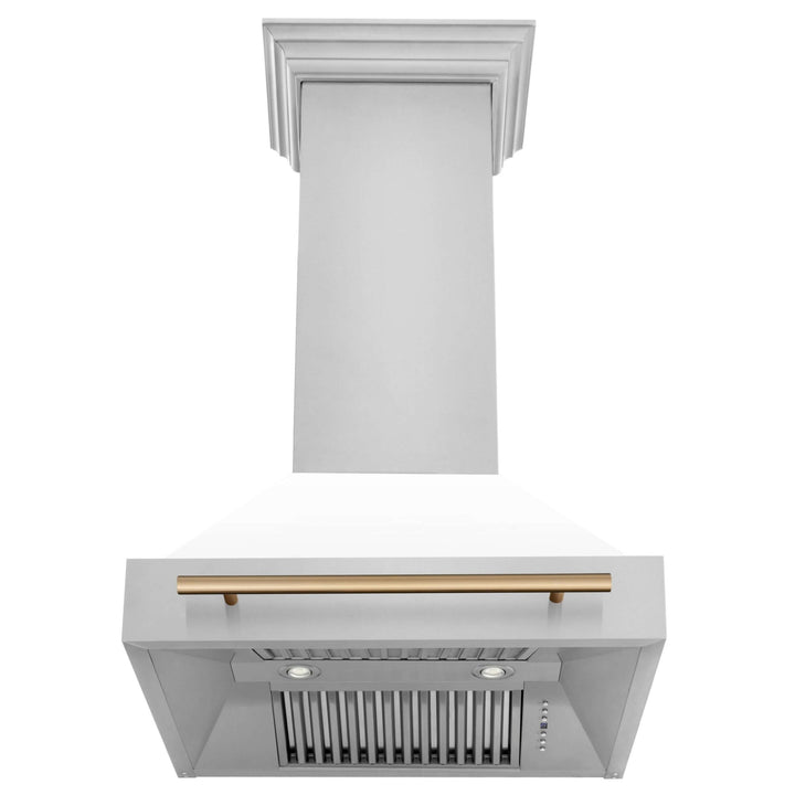 ZLINE Autograph Edition 30 in. Kitchen Package with Stainless Steel Dual Fuel Range with White Matte Door, Range Hood and Dishwasher with Champagne Bronze Accents (3AKP-RAWMRHDWM30-CB)