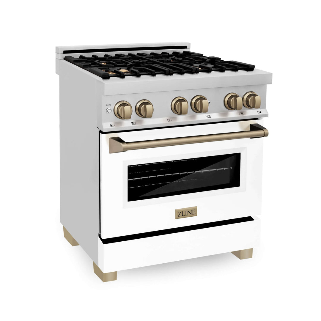 ZLINE Autograph Edition 30 in. Kitchen Package with Stainless Steel Dual Fuel Range with White Matte Door, Range Hood and Dishwasher with Champagne Bronze Accents (3AKP-RAWMRHDWM30-CB)