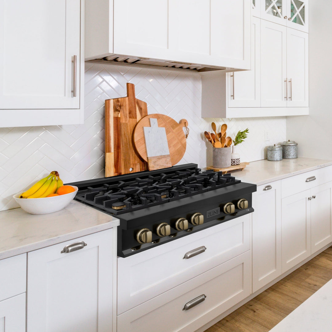 ZLINE Autograph Edition 30 in. Legacy Gas Rangetop with 4 Burners and Porcelain Cooktop in Black Stainless Steel with Champagne Bronze Accents (RTBZ-30-CB)
