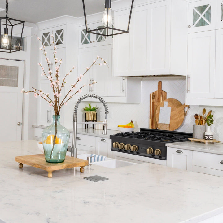 ZLINE Autograph Edition 30 in. Legacy Gas Rangetop with 4 Burners and Porcelain Cooktop in Black Stainless Steel with Champagne Bronze Accents (RTBZ-30-CB)