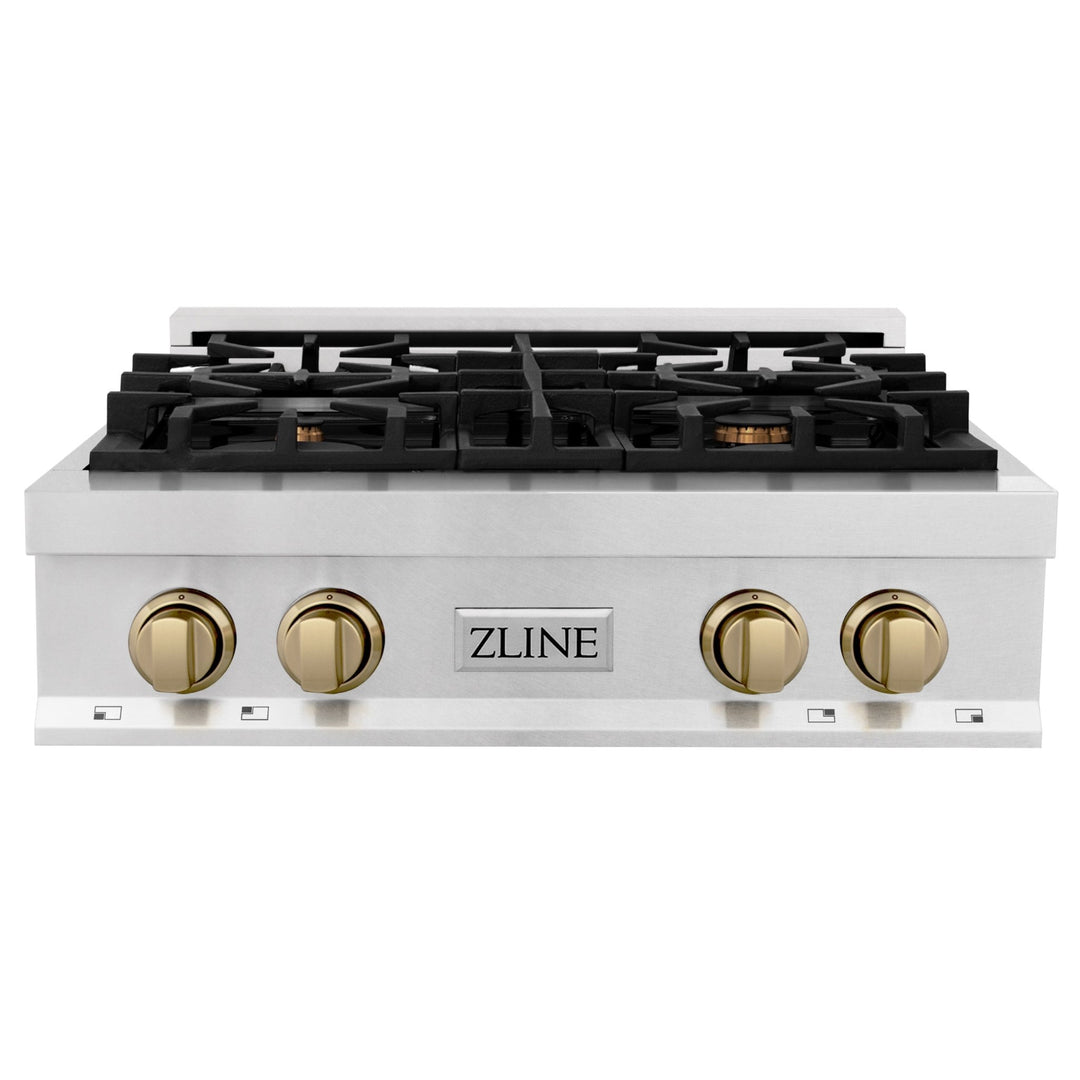 ZLINE Autograph Edition 30 in. Legacy Gas Rangetop with 4 Burners and Porcelain Cooktop in Satin Stainless Steel with Polished Gold Accents (RTSZ-30-G)