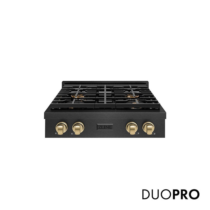 ZLINE Autograph Edition 30 in. Paramount Gas Rangetop with 4 Burner DuoProâ„¢ Cooktop in Black Satin Stainless Steel and Champagne Bronze Accents (PSRTBSZ-30-CB)
