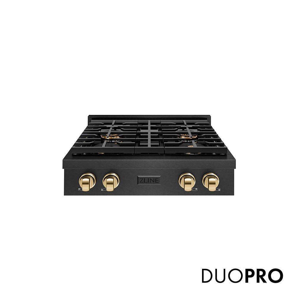 ZLINE Autograph Edition 30 in. Paramount Gas Rangetop with 4 Burner DuoProâ„¢ Cooktop in Black Satin Stainless Steel and Polished Gold Accents (PSRTBSZ-30-G)