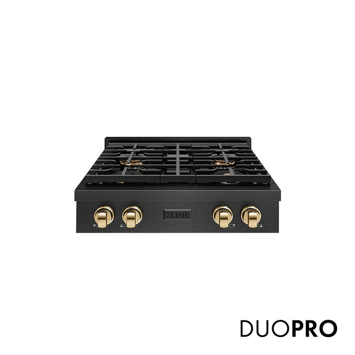 ZLINE Autograph Edition 30 in. Paramount Gas Rangetop with 4 Burner DuoProâ„¢ Cooktop in Black Satin Stainless Steel and Polished Gold Accents (PSRTBSZ-30-G)