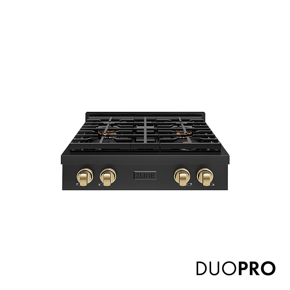 ZLINE Autograph Edition 30 in. Paramount Gas Rangetop with 4 Burner DuoProâ„¢ Cooktop in Black Stainless Steel and Champagne Bronze Accents (PSRTBZ-30-CB)