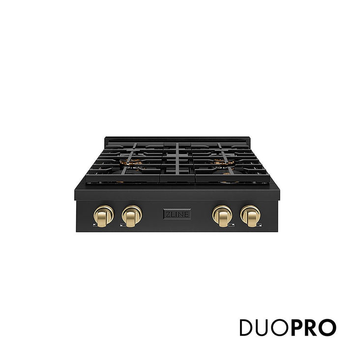 ZLINE Autograph Edition 30 in. Paramount Gas Rangetop with 4 Burner DuoProâ„¢ Cooktop in Black Stainless Steel and Champagne Bronze Accents (PSRTBZ-30-CB)