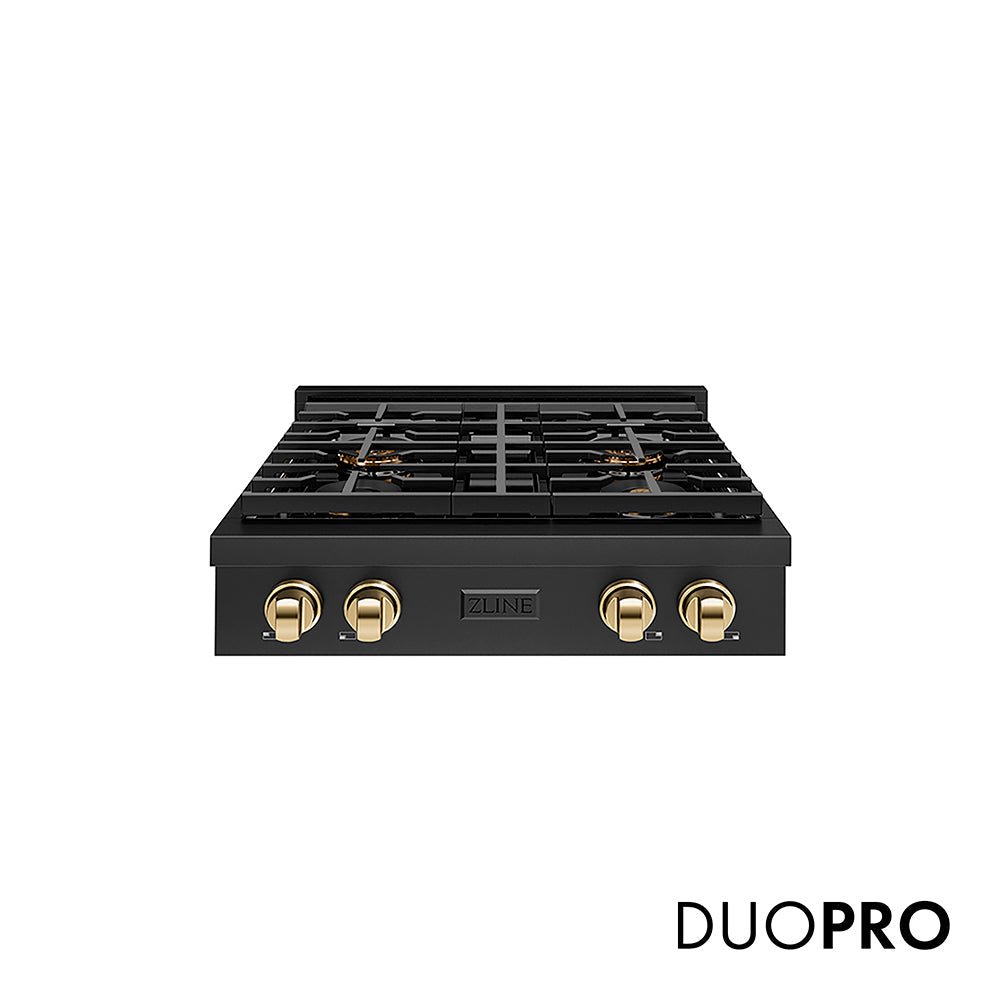 ZLINE Autograph Edition 30 in. Paramount Gas Rangetop with 4 Burner DuoProâ„¢ Cooktop in Black Stainless Steel and Polished Gold Accents (PSRTBZ-30-G)