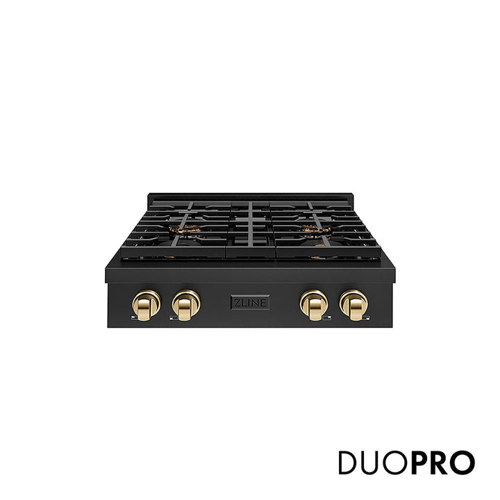 ZLINE Autograph Edition 30 in. Paramount Gas Rangetop with 4 Burner DuoProâ„¢ Cooktop in Black Stainless Steel and Polished Gold Accents (PSRTBZ-30-G)