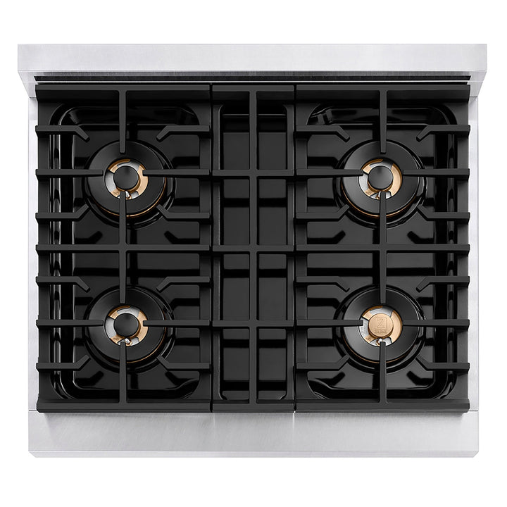 ZLINE Autograph Edition 30 in. Paramount Gas Rangetop with 4 Burner DuoProâ„¢ Cooktop in Satin Stainless Steel and Champagne Bronze Accents (PSRTSZ-30-CB)