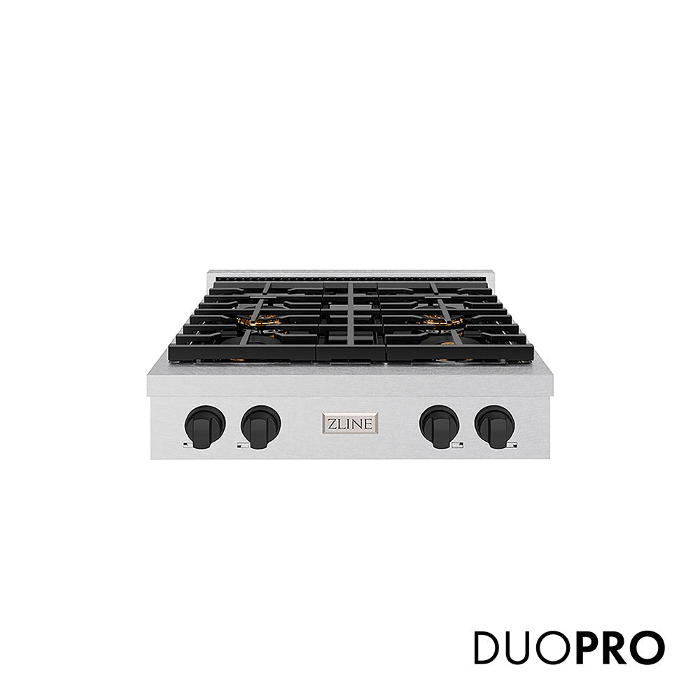 ZLINE Autograph Edition 30 in. Paramount Gas Rangetop with 4 Burner DuoProâ„¢ Cooktop in Satin Stainless Steel and Matte Black Accents (PSRTSZ-30-MB)