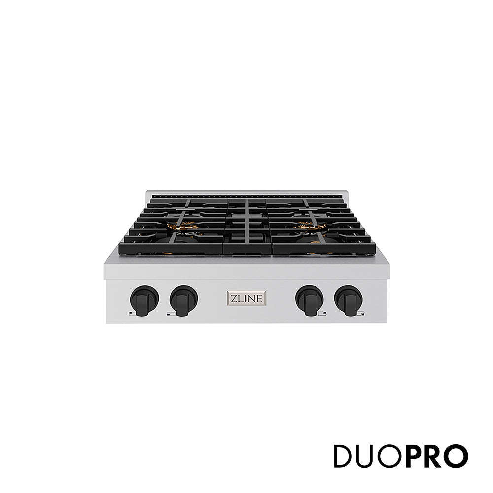ZLINE Autograph Edition 30 in. Paramount Gas Rangetop with 4 Burner DuoProâ„¢ Cooktop in Stainless Steel and Matte Black Accents (PSRTZ-30-MB)
