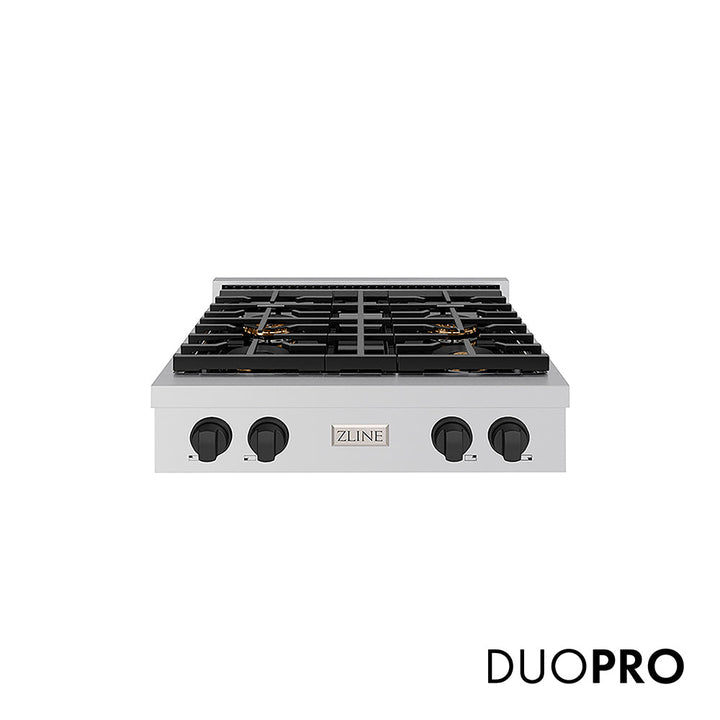 ZLINE Autograph Edition 30 in. Paramount Gas Rangetop with 4 Burner DuoProâ„¢ Cooktop in Stainless Steel and Matte Black Accents (PSRTZ-30-MB)