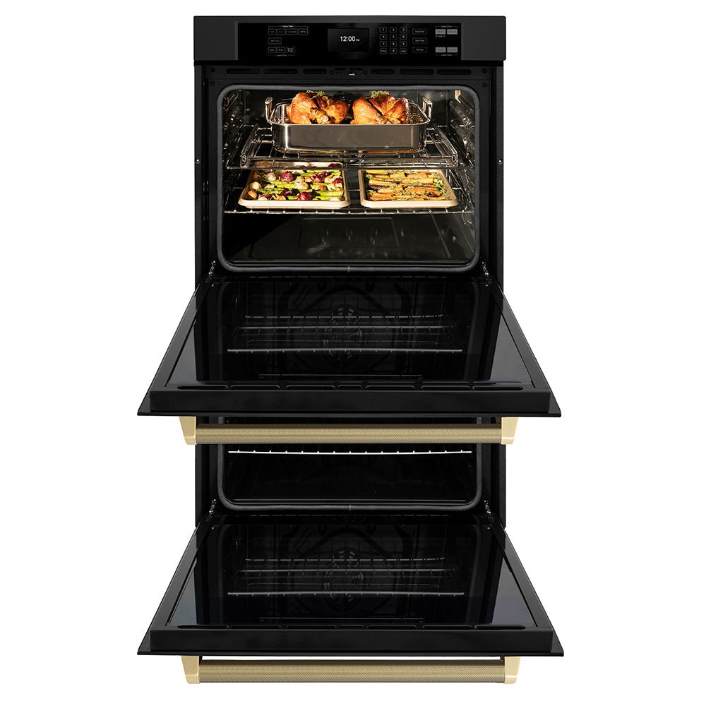 ZLINE Autograph Edition 30 in. Professional True Convection Double Wall Oven with Air Fry and Self Clean in Black Stainless Steel with Champagne Bronze Helix Handles (WADBZ-30-KCB)