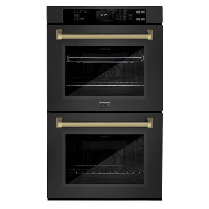 ZLINE Autograph Edition 30 in. Professional True Convection Double Wall Oven with Air Fry and Self Clean in Black Stainless Steel with Polished Gold Helix Handles (WADBZ-30-KG)