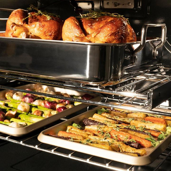 ZLINE Autograph Edition 30 in. Professional True Convection Double Wall Oven with Air Fry and Self Clean in Stainless Steel with Champagne Bronze Helix Handles (WADZ-30-KCB)