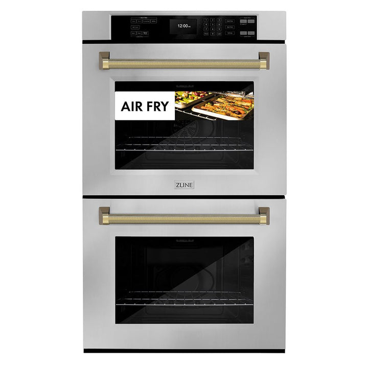 ZLINE Autograph Edition 30 in. Professional True Convection Double Wall Oven with Air Fry and Self Clean in Stainless Steel with Polished Gold Helix Handles (WADZ-30-KG)