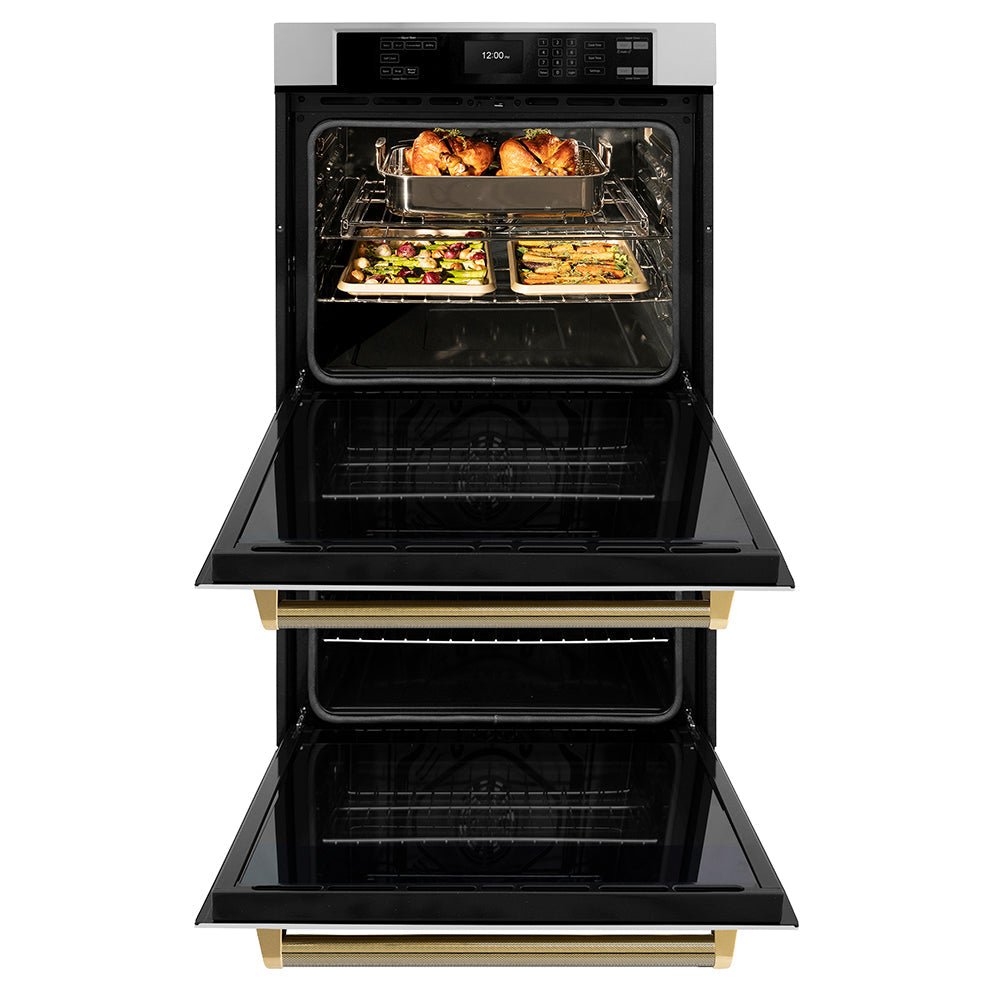 ZLINE Autograph Edition 30 in. Professional True Convection Double Wall Oven with Air Fry and Self Clean in Stainless Steel with Polished Gold Helix Handles (WADZ-30-KG)