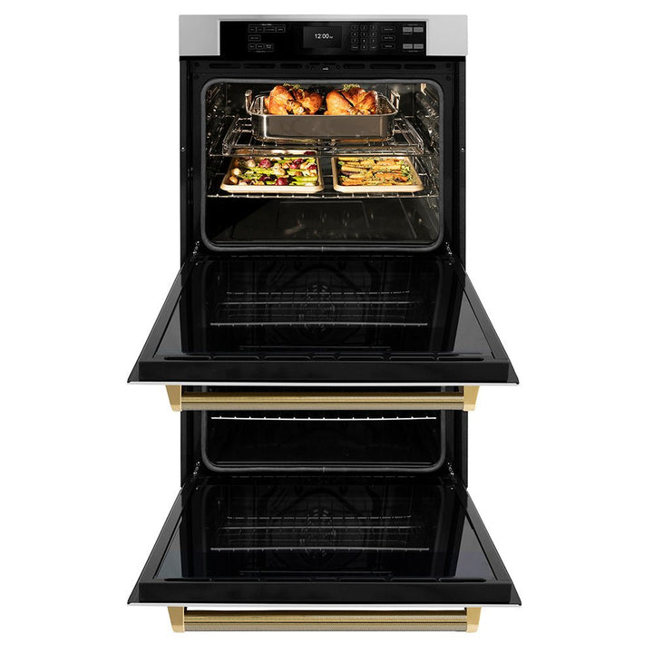 ZLINE Autograph Edition 30 in. Professional True Convection Double Wall Oven with Air Fry and Self Clean in Stainless Steel with Polished Gold Helix Handles (WADZ-30-KG)