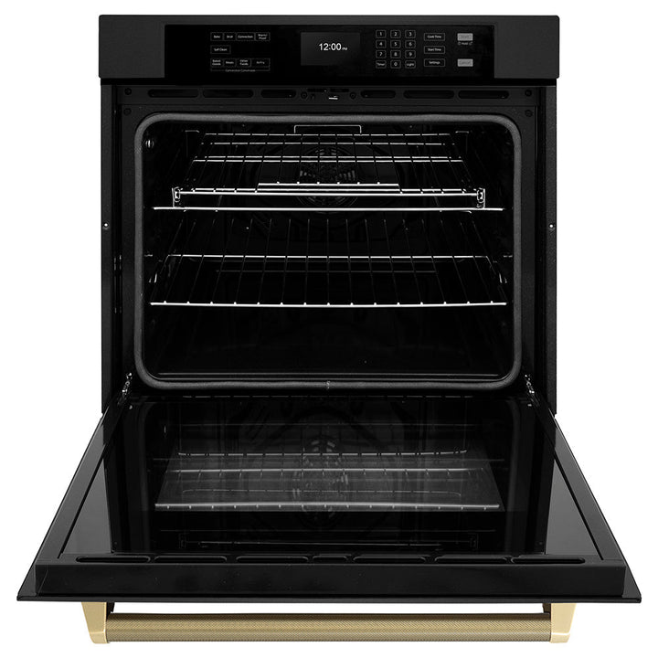 ZLINE Autograph Edition 30 in. Professional True Convection Single Wall Oven with Air Fry and Self Clean in Black Stainless Steel with Champagne Bronze Helix Handle (WASBZ-30-KCB)