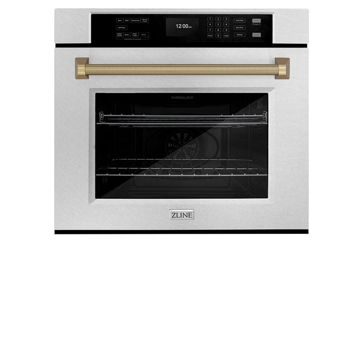 ZLINE Autograph Edition 30 in. Professional True Convection Single Wall Oven with Air Fry and Self Clean in Satin Stainless Steel with Champagne Bronze Helix Handle (WASSZ-30-KCB)