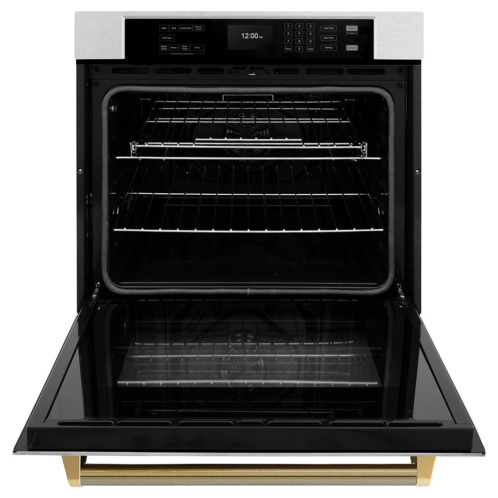 ZLINE Autograph Edition 30 in. Professional True Convection Single Wall Oven with Air Fry and Self Clean in Satin Stainless Steel with Polished Gold Helix Handle (WASSZ-30-KG)