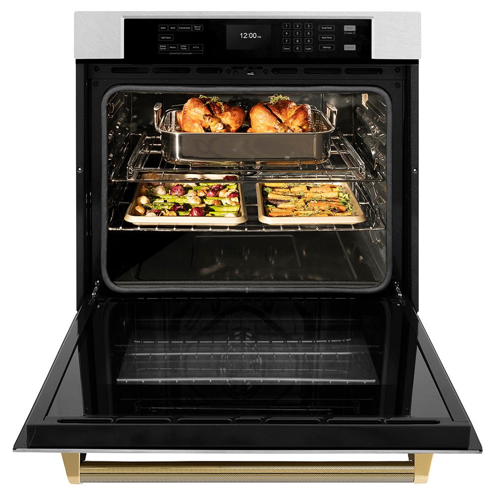 ZLINE Autograph Edition 30 in. Professional True Convection Single Wall Oven with Air Fry and Self Clean in Satin Stainless Steel with Polished Gold Helix Handle (WASSZ-30-KG)