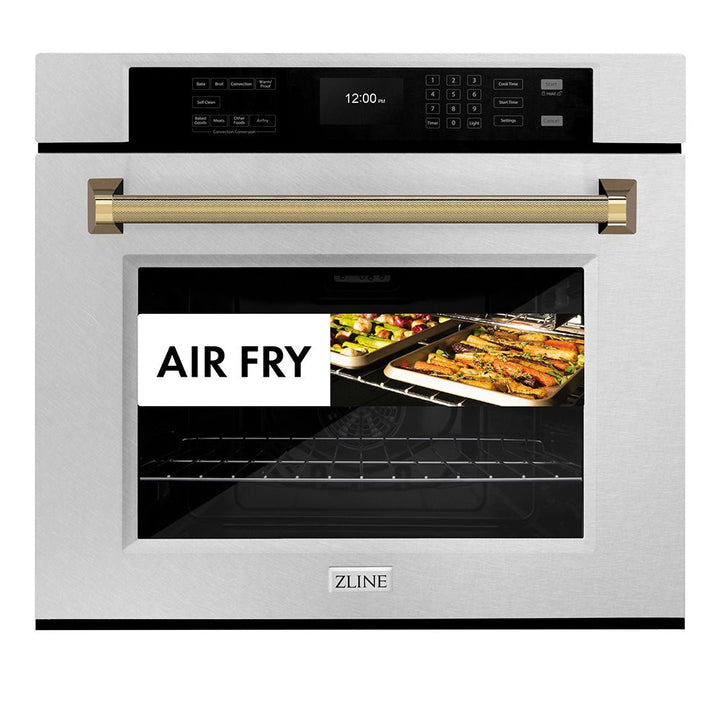 ZLINE Autograph Edition 30 in. Professional True Convection Single Wall Oven with Air Fry and Self Clean in Satin Stainless Steel with Polished Gold Helix Handle (WASSZ-30-KG)