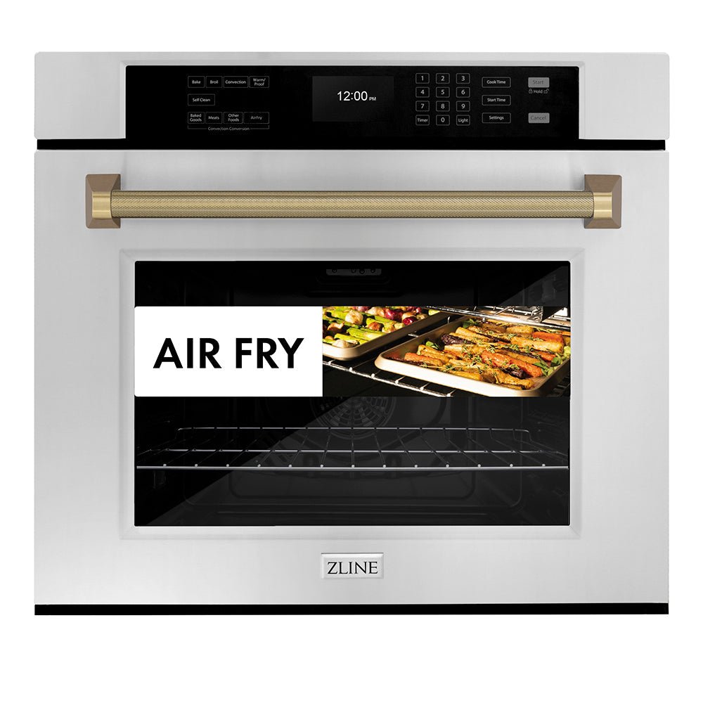 ZLINE Autograph Edition 30 in. Professional True Convection Single Wall Oven with Air Fry and Self Clean in Stainless Steel with Champagne Bronze Helix Handle (WASZ-30-KCB)