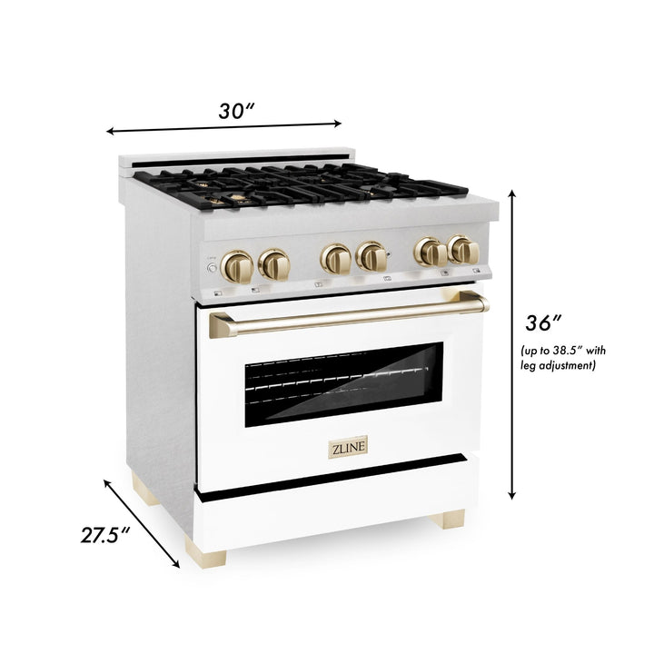 ZLINE Autograph Edition 30 in. Range, Gas Burner/Electric Oven in DuraSnow® Stainless Steel with White Matte Door and Gold Accents, RASZ-WM-30-G