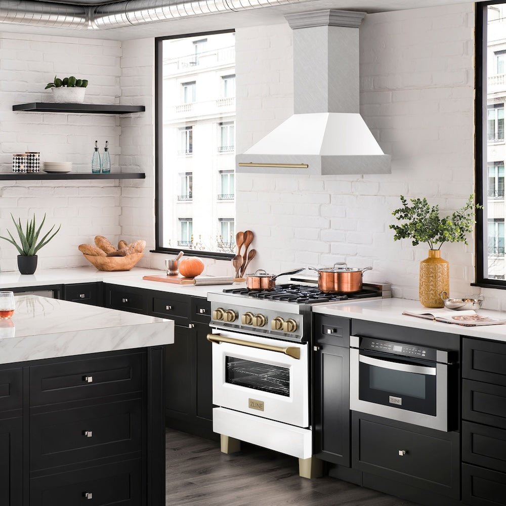ZLINE Autograph Edition 30 in. Satin Stainless Steel Wall Mount Range Hood with White Matte Shell and Champagne Bronze Handle (8654SNZ-WM30-CB)
