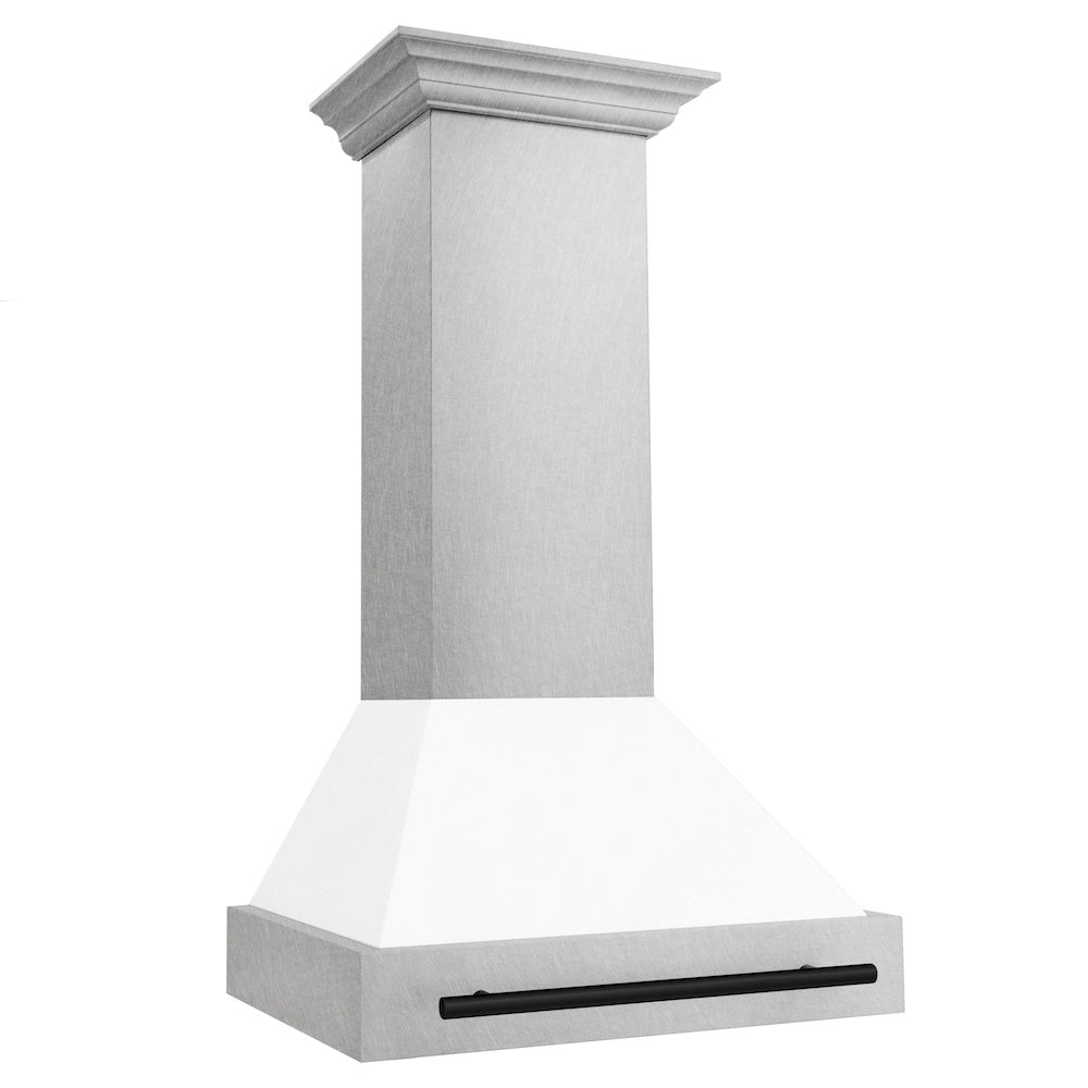 ZLINE Autograph Edition 30 in. Satin Stainless Steel Wall Mount Range Hood with White Matte Shell and Matte Black Handle (8654SNZ-WM30-MB)