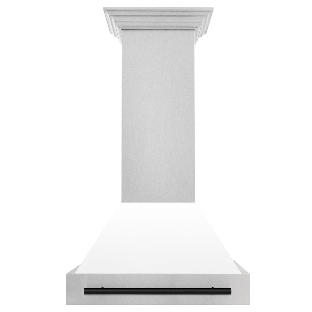 ZLINE Autograph Edition 30 in. Satin Stainless Steel Wall Mount Range Hood with White Matte Shell and Matte Black Handle (8654SNZ-WM30-MB)