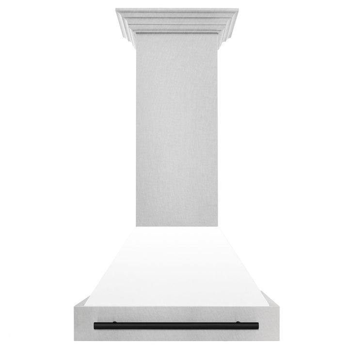 ZLINE Autograph Edition 30 in. Satin Stainless Steel Wall Mount Range Hood with White Matte Shell and Matte Black Handle (8654SNZ-WM30-MB)
