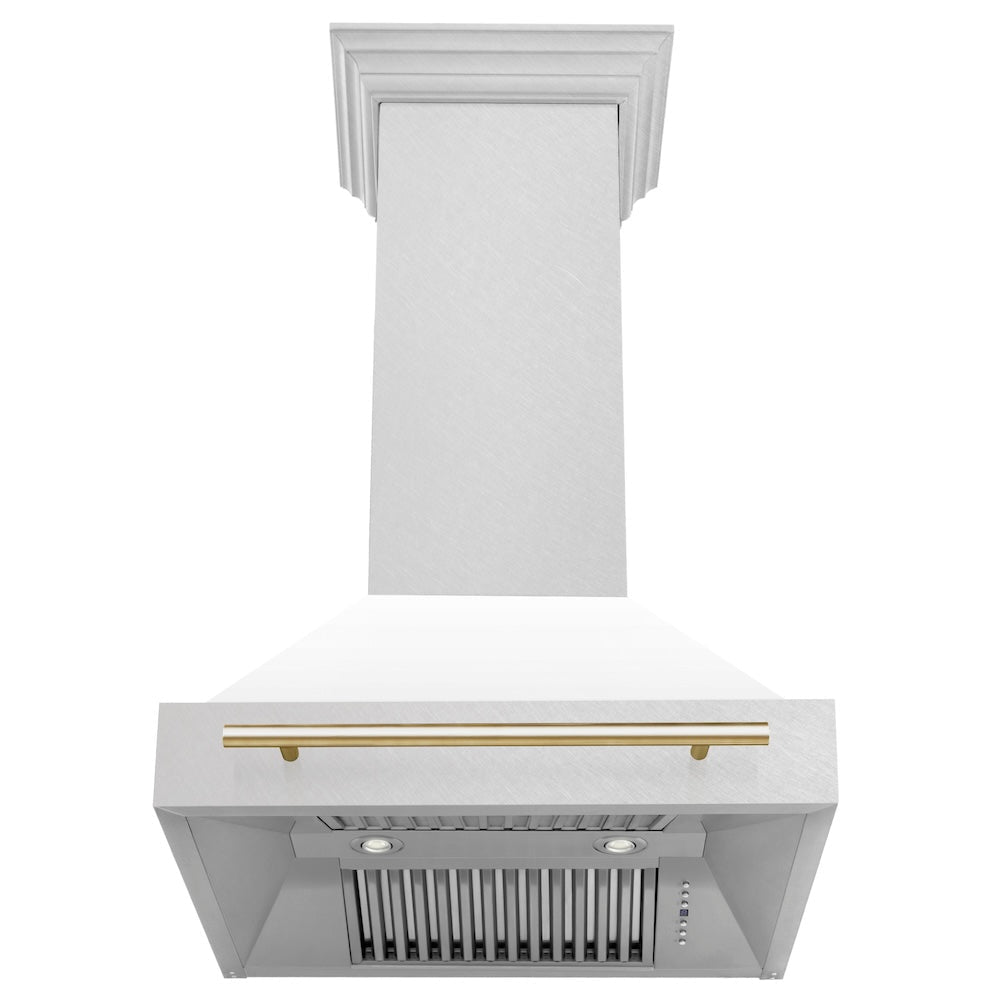 ZLINE Autograph Edition 30 in. Satin Stainless Steel Wall Mount Range Hood with White Matte Shell and Polished Gold Handle (8654SNZ-WM30-G)