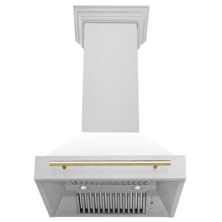 ZLINE Autograph Edition 30 in. Satin Stainless Steel Wall Mount Range Hood with White Matte Shell and Polished Gold Handle (8654SNZ-WM30-G)