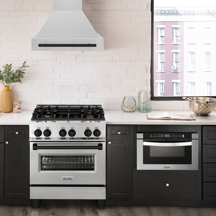 ZLINE Autograph Edition 30 in. Stainless Steel Range Hood with Stainless Steel Shell and Matte Black Handle (8654STZ-30-MB)