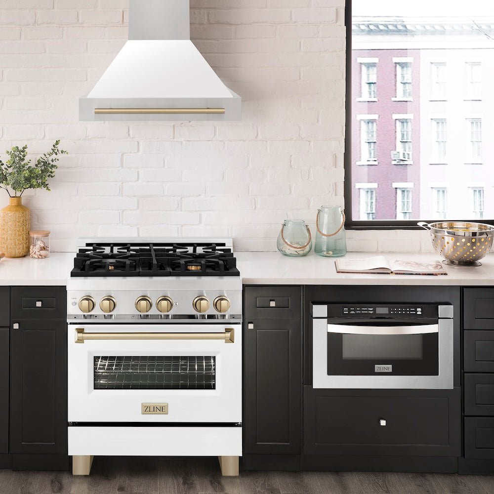 ZLINE Autograph Edition 30 in. Stainless Steel Range Hood with White Matte Shell and Champagne Bronze Handle