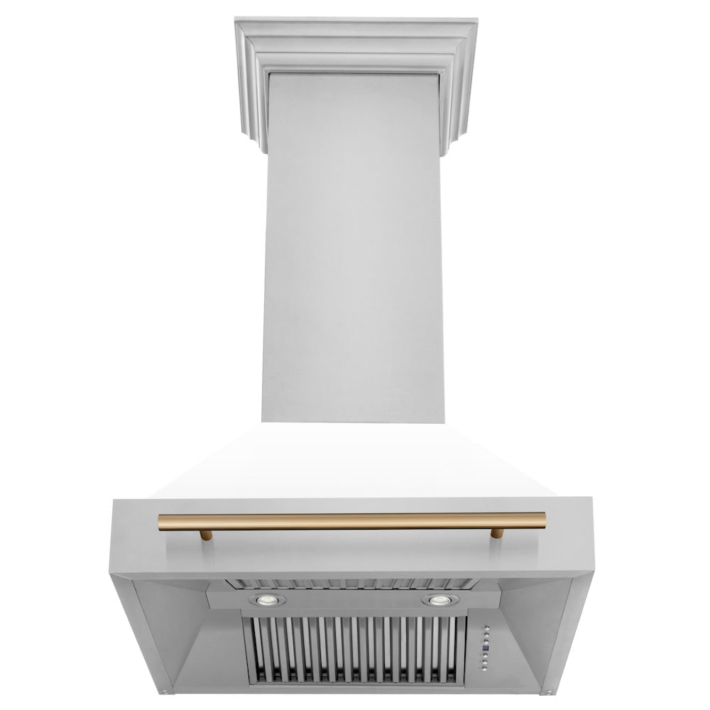 ZLINE Autograph Edition 30 in. Stainless Steel Range Hood with White Matte Shell and Champagne Bronze Handle