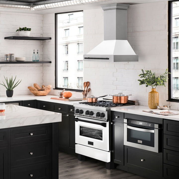 ZLINE Autograph Edition 30 in. Stainless Steel Range Hood with White Matte Shell and Matte Black Handle (8654STZ-WM30-MB)