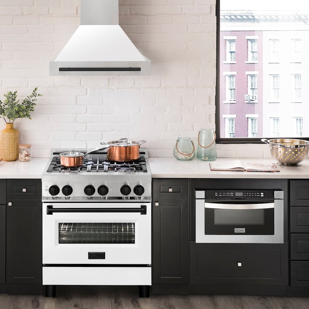 ZLINE Autograph Edition 30 in. Stainless Steel Range Hood with White Matte Shell and Matte Black Handle (8654STZ-WM30-MB)