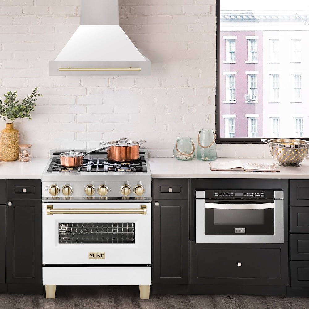 ZLINE Autograph Edition 30 in. Stainless Steel Range Hood with White Matte Shell and Polished Gold Handle (8654STZ-WM30-G)