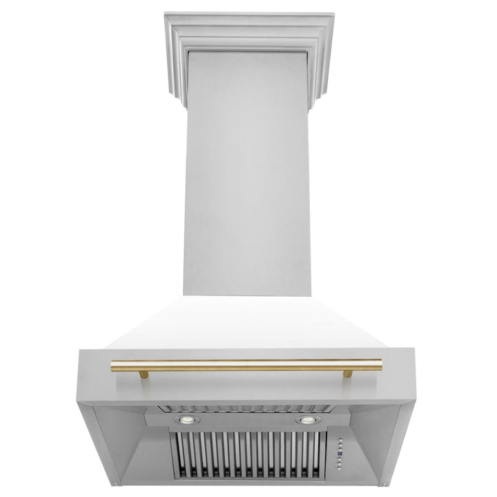 ZLINE Autograph Edition 30 in. Stainless Steel Range Hood with White Matte Shell and Polished Gold Handle (8654STZ-WM30-G)