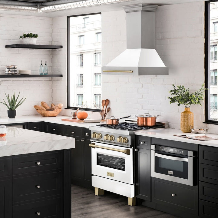 ZLINE Autograph Edition 30 in. Stainless Steel Range Hood with White Matte Shell and Polished Gold Handle (8654STZ-WM30-G)
