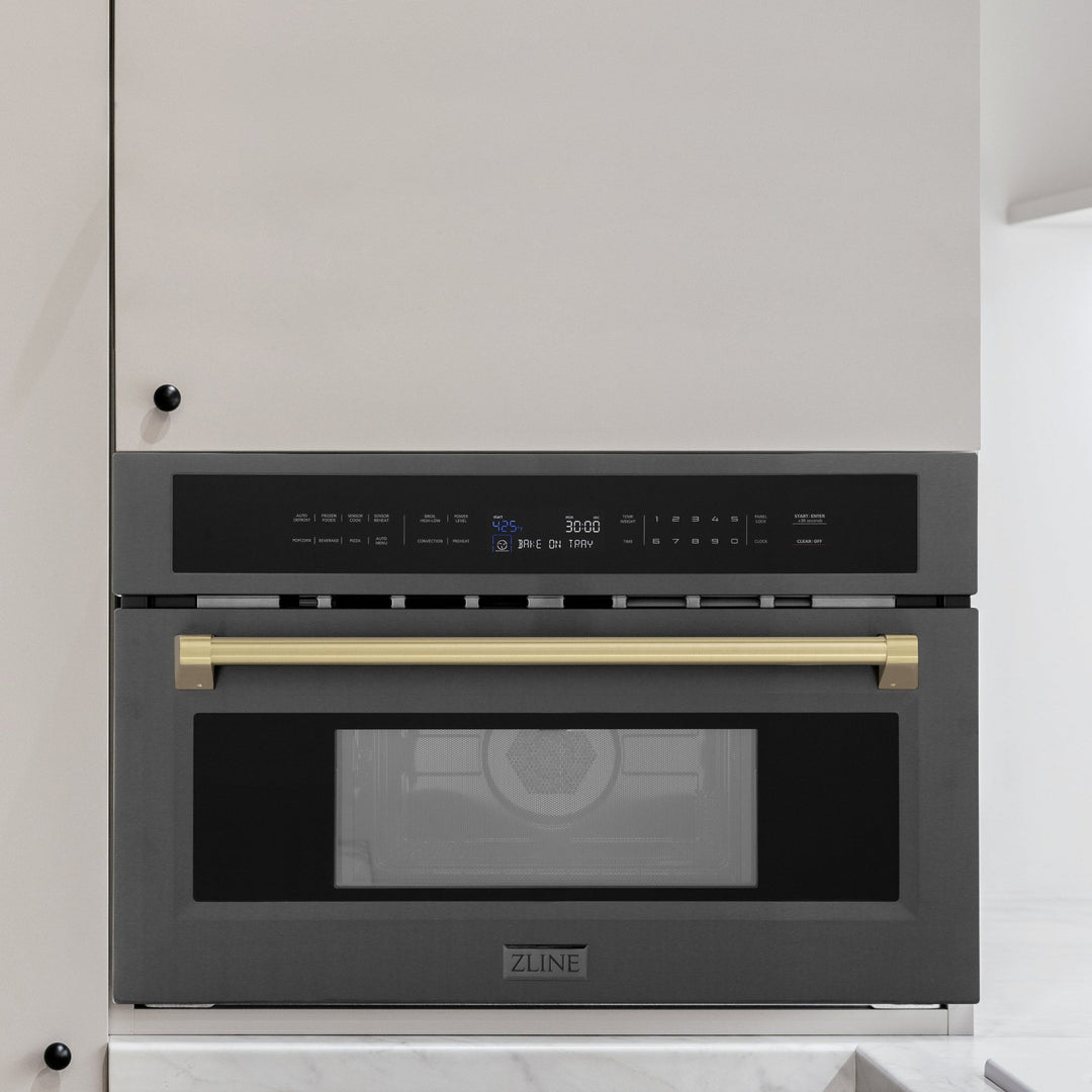 ZLINE Autograph Edition 30â€ 1.6 cu ft. Built-in Convection Microwave Oven in Black Stainless Steel and Champagne Bronze Accents (MWOZ-30-BS-CB)