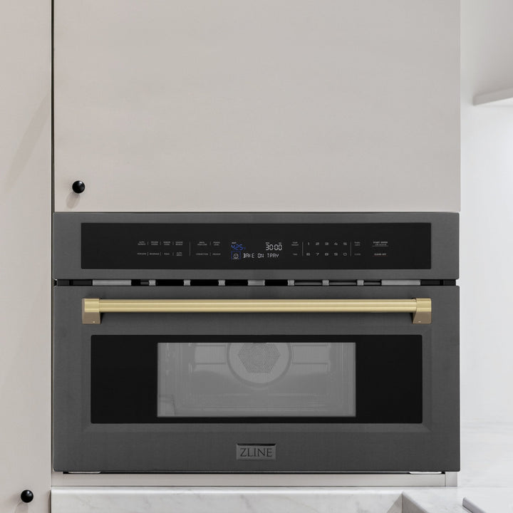 ZLINE Autograph Edition 30â€ 1.6 cu ft. Built-in Convection Microwave Oven in Black Stainless Steel and Champagne Bronze Accents (MWOZ-30-BS-CB)