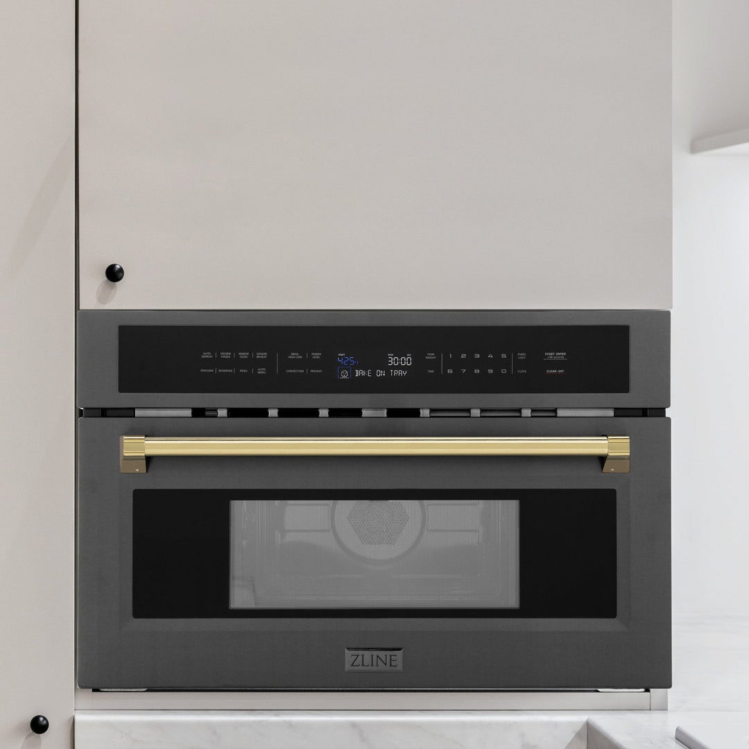 ZLINE Autograph Edition 30â€ 1.6 cu ft. Built-in Convection Microwave Oven in Black Stainless Steel and Polished Gold  Accents (MWOZ-30-BS-G)